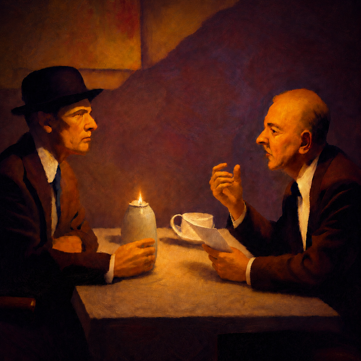 Two negotiators face one another across a table, illuminated by a central candle in a richly coloured, painterly interior.