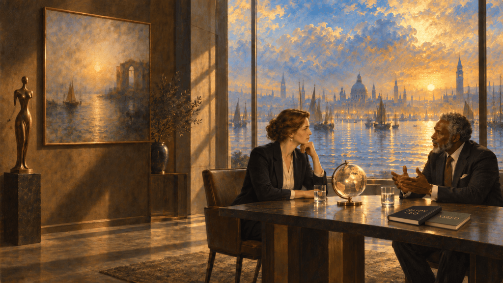 Two international business leaders negotiating beside a globe, overlooking a luminous harbor.